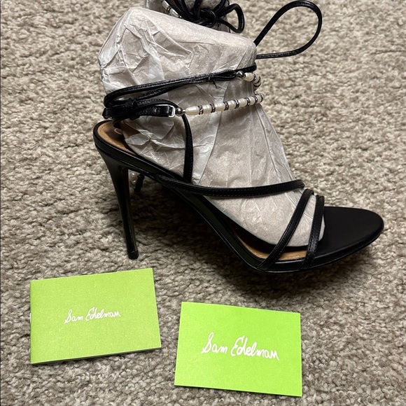 Sam Edelman 'Scarlette' Tie Heel Sandals black leather w pearl embellishments - Picture 4 of 11